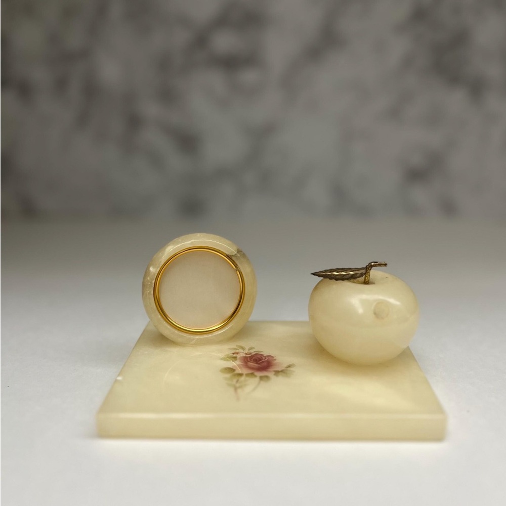 Vintage Italian Alabaster Apple Pen Holder & Photo Frame Desk Decor
